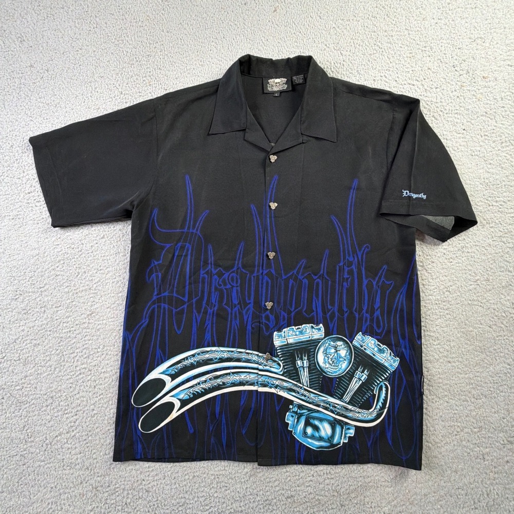 Dragonfly Clothing Company Blue Flame Motorcycle Engine Sample Shirt Mens L